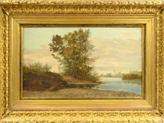 Vente aux enchères BERANGER "Paysage animé à la rivière".  Huile sur toile, signée en bas