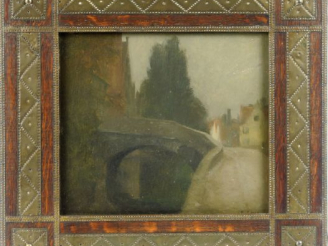 Vente aux enchères E. LOUP "Bruges, étude". Huile sur carton, signée en bas à droite.  20