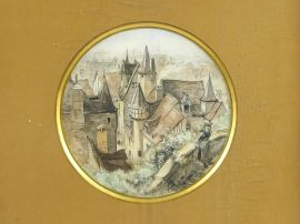 ROBIDA "Paysage et vues de ville". Trois dessins au crayon de couleur 