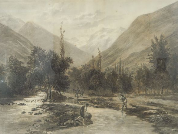 Ecole française XIXe. 'Paysage pyrénéen animé'. Dessin au crayon, sign