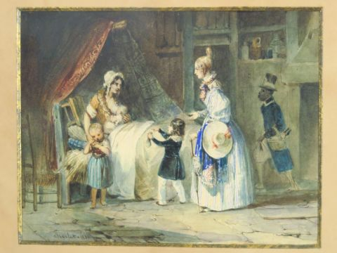 CHARLET. 'La visite'. Aquarelle, signée en bas à gauche et datée 1830.