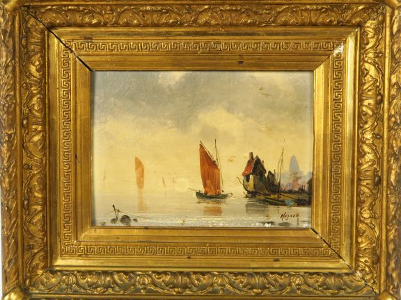 HUZNER. 'Marines'. Paire d'huiles sur panneau, signées.  Dim. : 15,5 x