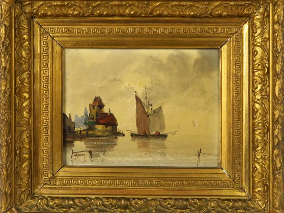 HUZNER. 'Marines'. Paire d'huiles sur panneau, signées.  Dim. : 15,5 x