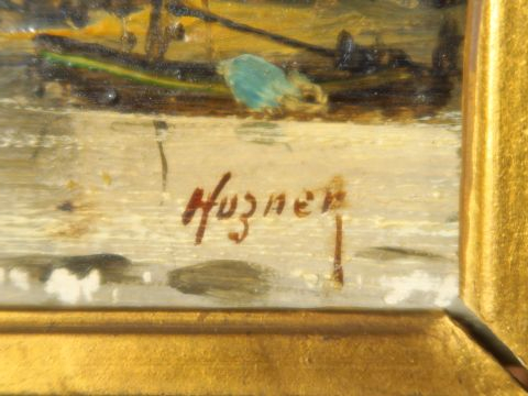 HUZNER. 'Marines'. Paire d'huiles sur panneau, signées.  Dim. : 15,5 x