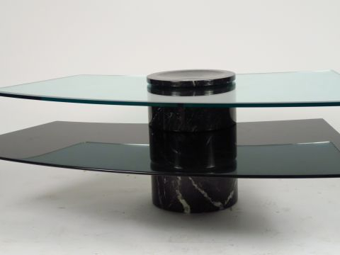 Table basse moderne en verre et marbre à deux plateaux