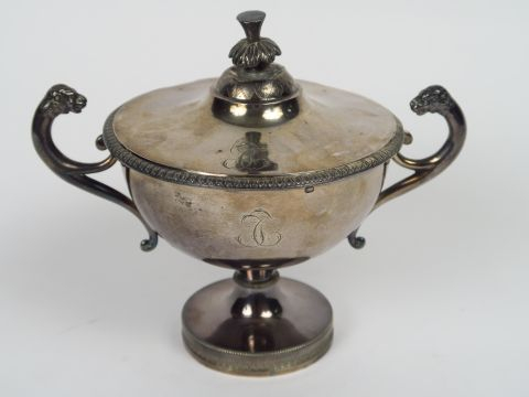 Sucrier à anses Empire en argent, poinçon au coq, anses en forme de tê