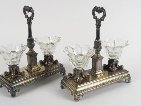 Paire de salerons doubles en argent, poinçon Vieillard, et cristal