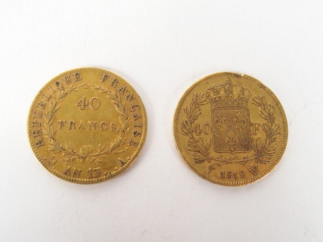2 pièces de 40 Francs or: - Napoléon Empereur tête nue, An 13-Paris (1