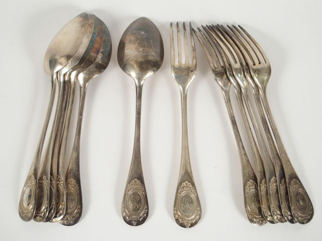 6 grands couverts de style Louis XVI en argent, poinçon Minerve, monog