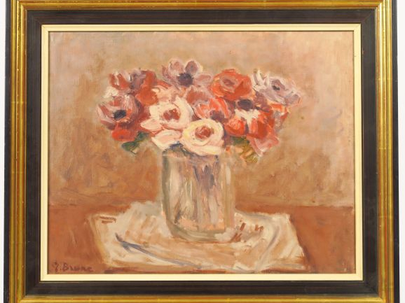 J. BRUNE "Bouquet de roses et d'anémones" Huile sur toile. Signée en b