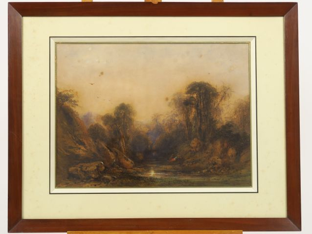 Alexandre CALAME "Repos en bords de rivière" Aquarelle. Signée en bas 