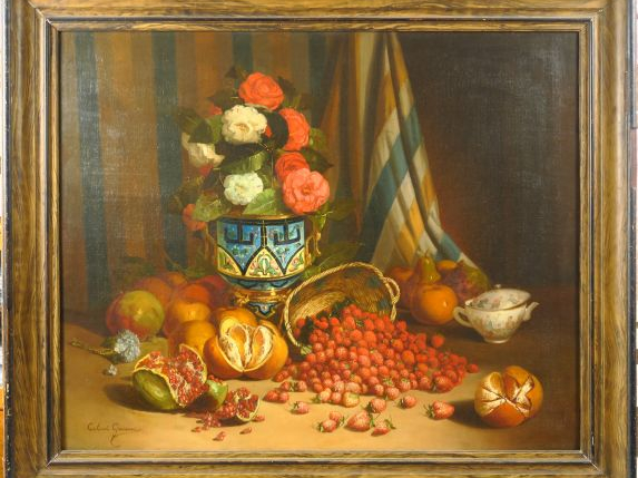 Giovanni CALVINI "Nature morte aux bouquets de fleurs et aux fruits" H