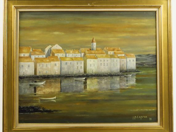 J.P CAPRON "Village en bord de mer" Huile sur toile.  Signée et datée 