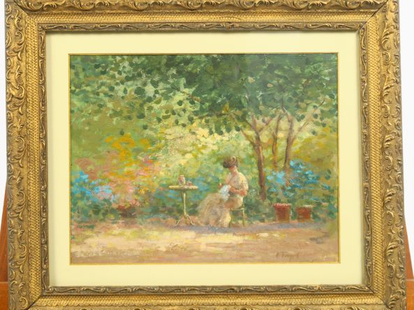 A. FOUQUET "Jeune femme à l'ouvrage" Huile sur carton. Signée en bas à