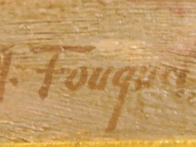 A. FOUQUET "Jeune femme à l'ouvrage" Huile sur carton. Signée en bas à