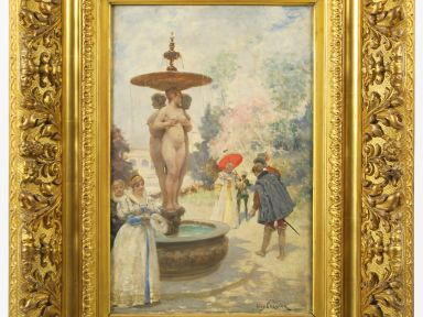 Jules GARNIER "La fontaine aux trois Grâces" Huile sur toile, dans son