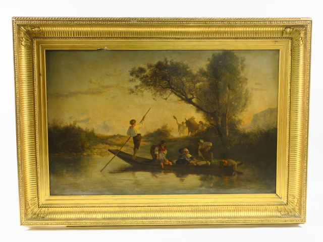 	Armand LELEUX « Retour du marché en barque »  Huile sur toile. Signée