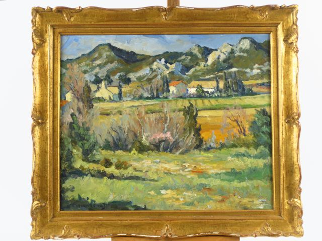 E. MANGENOT « Paysage des Alpilles » Huile sur toile. Signée en bas à 