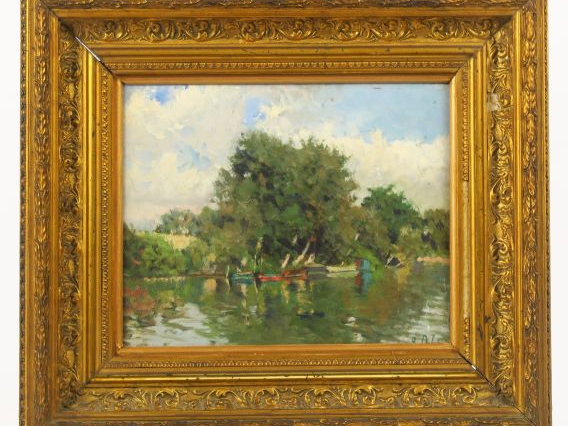 Raphael de Ochoa y Mandrazo "Bords de rivière" Huile sur panneau. Sign