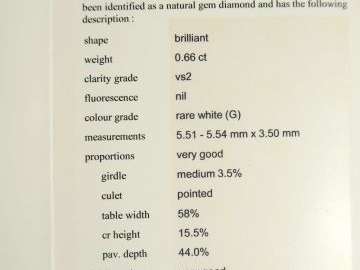 Solitaire, taille moderne de 0,66 carats environ, avec son certificat.
