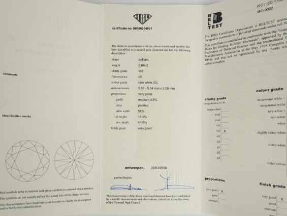 Solitaire, taille moderne de 0,66 carats environ, avec son certificat.