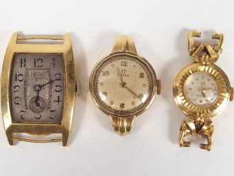 5 boitiers de montres de dame en or jaune de marque LIP, ZENITH ou OME