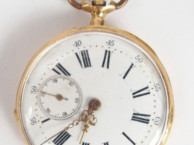 Montre de gousset en or jaune, cadran émail, chiffres romains, trotteu