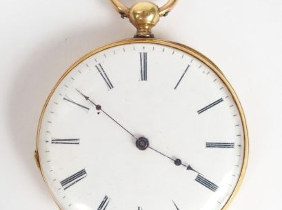 Montre de gousset en or jaune, cadran émail (saut), chiffres romains, 