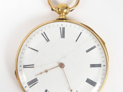 Montre de gousset en or jaune, cadran émail (fels), chiffres romains, 