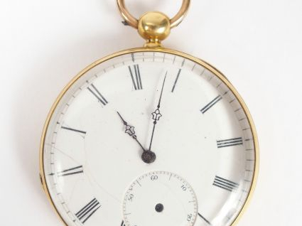 Montre de gousset en or jaune, cadran émail, chiffres romains, trotteu