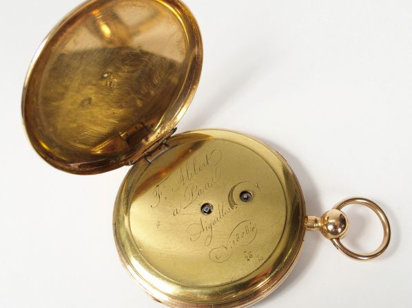 Montre de gousset en or jaune, cadran acier, chiffres romains. Diam. :