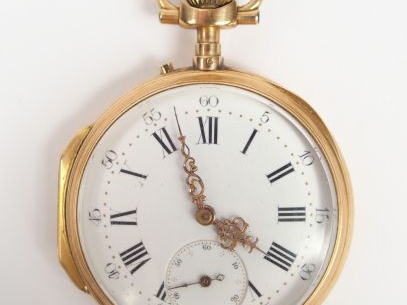 Montre de gousset en or jaune, cadran émail, chiffres arabes et romain