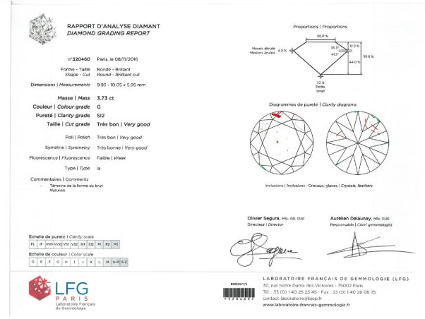 Diamant taille moderne de 3,73 cts G-SI2, faible fluorescence, monté e