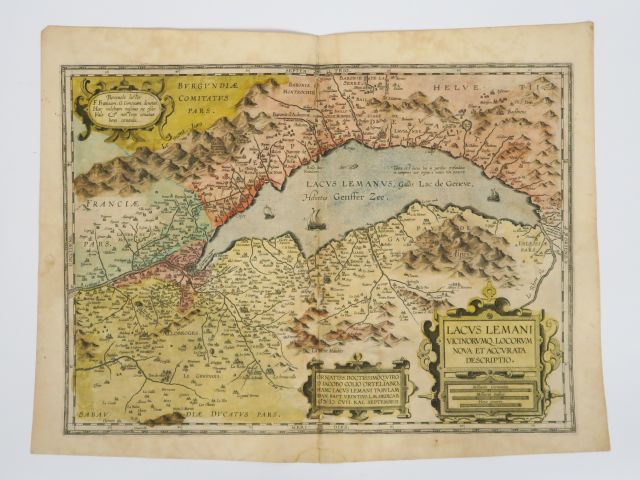 ORTELIUS.   - Carte Lacvs Lemani. 1607, carte coloriée (déchirée)