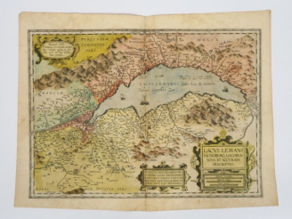 Vente aux enchères ORTELIUS.   - Carte Lacvs Lemani. 1607, carte coloriée (déchirée)