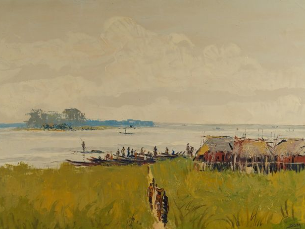 DOM "Paysages d'Afrique Noire". Paire d'huiles sur toile, signées en b