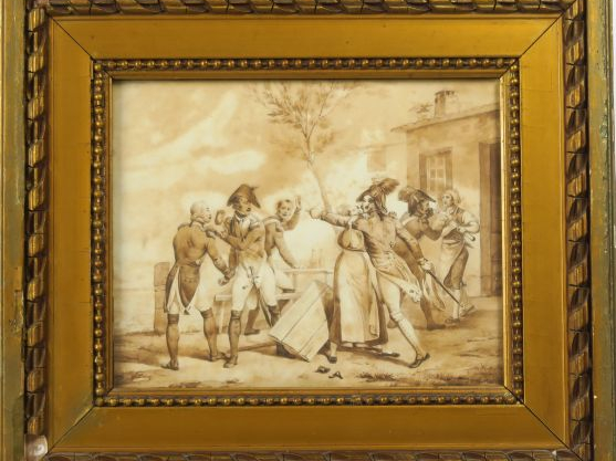 Ecole française XIXème "la rixe" Dessin au lavis  Dim. 23 x 29 cm