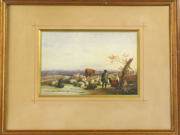 Ecole française XIXème "Couple de bergers et leur troupeau" Aquarelle 