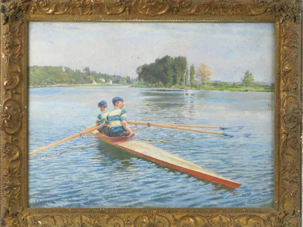 F.J. GUELDRY. 'Outrigger à deux'.  Huile sur toile, signée en bas à ga