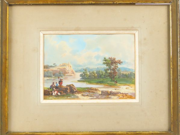 DE RAYNAL. "Paysage lacustre animé" Gouache, signée en bas à droite et