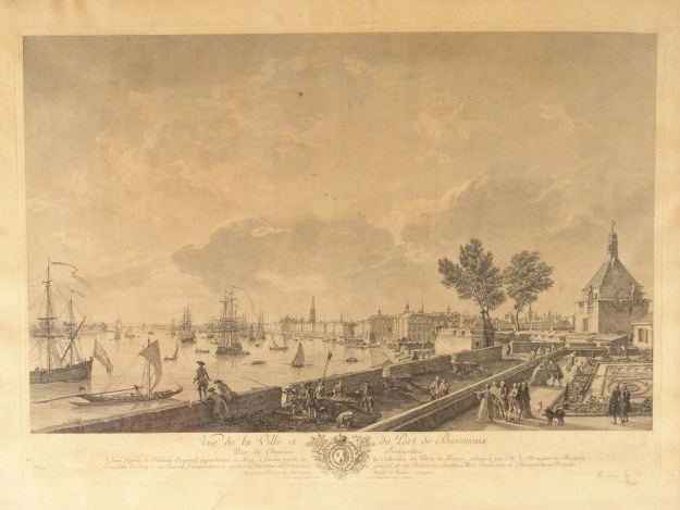 Grande gravure XIXème "Vue perspective de la place des Quinconces à Bo