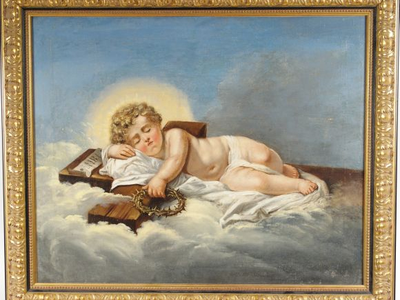 GAMELIN "Christ enfant dormant sur une croix". Huile sur toile, signée