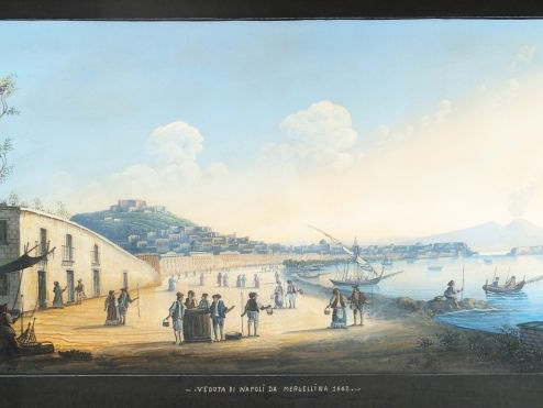 Paire de gouaches italiennes "Veduta di napoli da San Giovani"  " Vedu