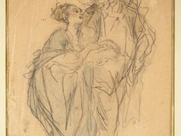Ecole française XIXème "Couple". Dessin au crayon 21,5 x 15,5 cm