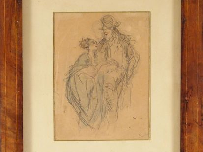 Ecole française XIXème "Couple". Dessin au crayon 21,5 x 15,5 cm