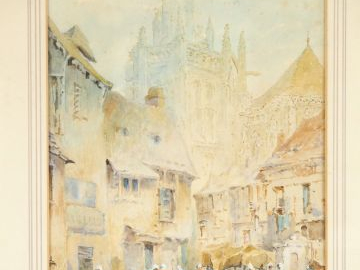 Ecole française XIXème "Jour de marché en Bretagne". Aquarelle, signée