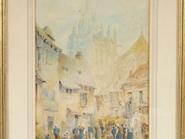 Ecole française XIXème "Jour de marché en Bretagne". Aquarelle, signée
