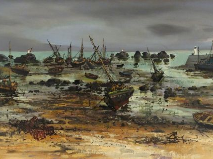 Maurice BUFFET "Le port à marée basse". Huile sur toile, signée en bas