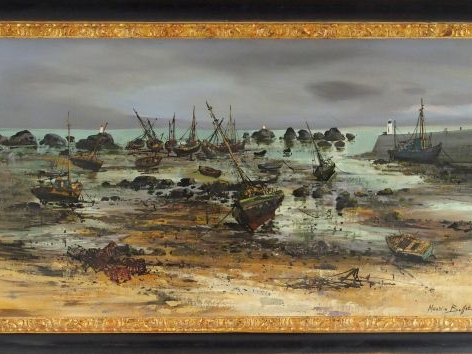 Maurice BUFFET "Le port à marée basse". Huile sur toile, signée en bas