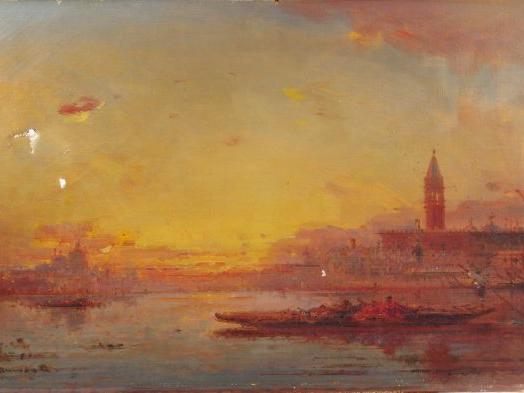 DUVIEUX "Venise au crépuscule". Huile sur toile, signée en bas à gauch